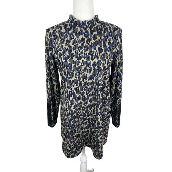 Tyler Boe Animal Print Tunic Top Long Sleeves Classic Timeless Blue Black Small - Picture 1 of 13